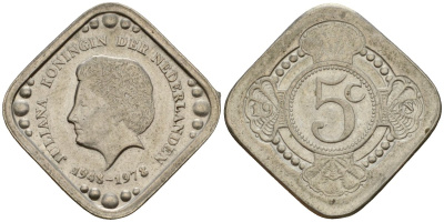 Нидерланды 5 центов 1978 30 лет правления Королевы Юлианы UC 300 медь цинк никель 4575-535