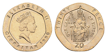 Гибралтар 20 пенсов 1990 KM 16 медно-никель UNC 4668-526