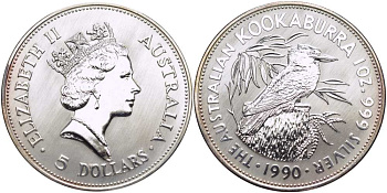 Австралия 5 долларов 1990 кукабара, 1 унция KM 189 серебро UNC 02-262-45