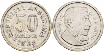 Аргентина 50 сентаво 1952 генерал Хосе де Сан Мартин KM 49 сталь плакированная никелем 4548-334