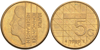 Нидерланды 5 гульденов 1989 Беатрикс (1980-2001) KM 210 никель плакированный бронзой 4119-134