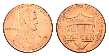 США 1 цент 2014 D, Линкольн KM 468 цинк плакированный медью 4674-722