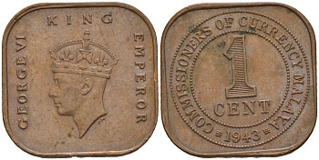 Британская Малайя 1 цент 1943 Георг VI (1937-1952) KM 6 бронза 4153-642