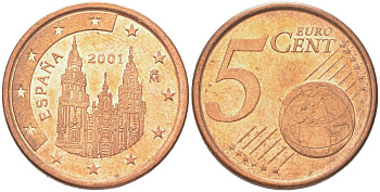 Испания 5 евроцентов 2001 KM 1042 сталь плакированная медью UNC 4614-729