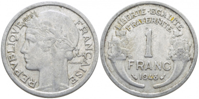 ФРАНЦИЯ 1 ФРАНК 1948 ТИП MORLON, LEGERE KM 885a.1, LE FRANC 221.13 алюминий 3856-444