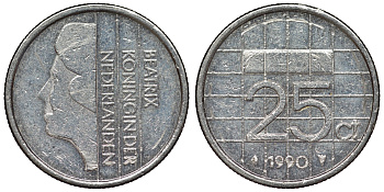 Нидерланды 25 центов 1990 Беатрикс KM 204 никель 71-1041