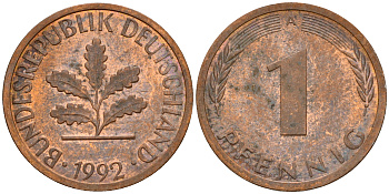 ФРГ 1 пфенниг 1992 A KM 105, J. 380 сталь плакированная медью    4598-668