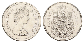 Канада 50 центов 1988 Елизавета II (1952-2022), герб KM 75.3 никель PROOF-LIKE (BU) 603-1034