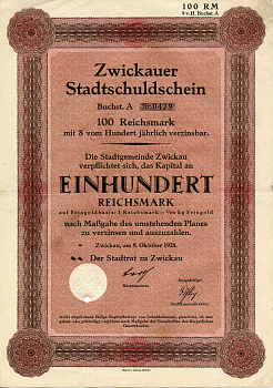 Германия 100 рейхсмарок 1928 Город Цвиккау долговая расписка 8%, облигация   бумага   8802-32-1