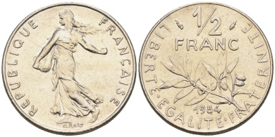 Франция 1/2 франка 1984 сеятель KM 931.1 никель    4169-213