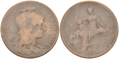 ФРАНЦИЯ 5 САНТИМОВ 1898 ТИП ДАНИЭЛЬ ДЮПЮИ KM 842, LE FRANC 119.5 бронза 77-234