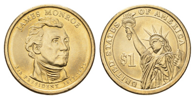 США 1 доллар 2008 P, Президент США - Джеймс Монро (1817-1825) KM 426 медь с марганцево-латунным покрытием UNC 4624-157
