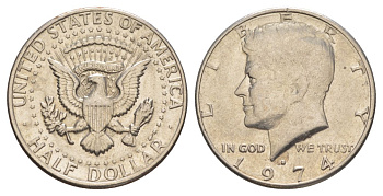 США 1/2 доллара (50 центов) 1974 D, Джон Кеннеди KM 202b медь плакированная медно-никелем aUNC 4123-132