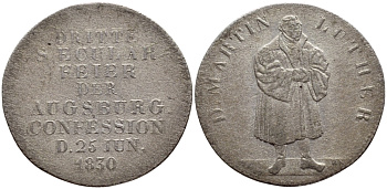 ГЕРМАНИЯ ЖЕТОН 1830 25 ИЮНЯ 1830, МАРТИН ЛЮТЕР РЕФОРМАТОР, 300 ЛЕТ АУГСБУРГСКОМУ ИСПОВЕДАНИЮ Whitting 666, Merseburger 2443 серебро 560-1714