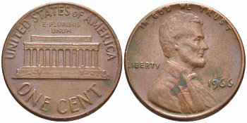 США 1 ЦЕНТ 1966 ЛИНКОЛЬН KM 201 медь цинк 112-418
