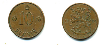 Финляндия 10 пенни 1926 республика (1918-1962) KM 24 медь 46-1517