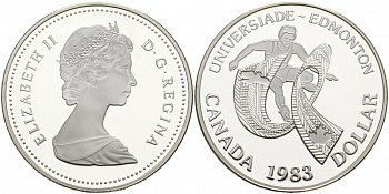 Канада 1 доллар 1983 XII летняя Универсиада в Эдмонтоне KM 138 серебро PROOF 1091-2-54