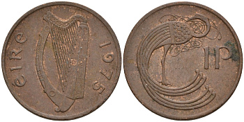 Ирландия 1 пенни 1975 мифологическая птица лира KM 20 бронза 4146-422