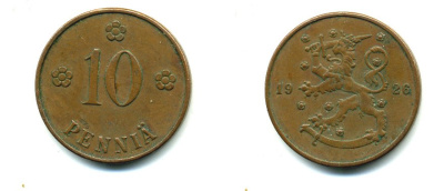 Финляндия 10 пенни 1926 республика (1918-1962) KM 24 медь 46-1517