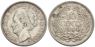 Нидерланды 10 центов 1944 Вильгельмина I (1890-1948) KM 163 серебро 4115-225