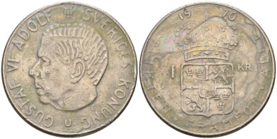 Швеция 1 крона 1970 Густав VI Адольф (1950-1973) KM 826a медь плакированная медно-никелем 181-523