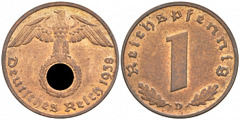 ГЕРМАНИЯ 1 РЕЙХСПФЕННИГ 1938 D J 361, KM 89 бронза aUNC 73-265