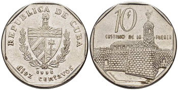 Куба 10 сентаво 1996 форт в Гаване Ла-Фуэрса KM 576.2 сталь плакированная никелем 4514-721