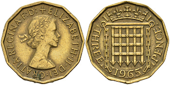 Великобритания 3 пенса 1965 Елизавета II (1952-2022) KM 900, Spink 4153 никель латунь 4153-333