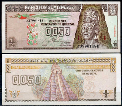 Гватемала 0,5 кетсаля 1994 Текун Уман, храм Тикаль Pick 86 b  бумага  UNC (пресс) 447-109-1