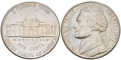 США 5 ЦЕНТОВ 1998 D ДЖЕФФЕРСОН KM A192 медно-никель 190-225