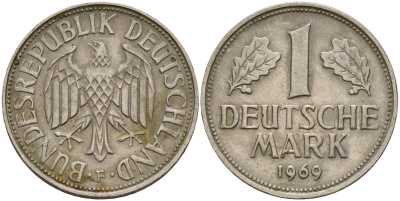 ФРГ 1 марка 1969 F KM 110, J. 385 медно-никель 4159-1113