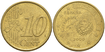 ИСПАНИЯ 10 ЕВРОЦЕНТОВ 2000 KM 1043 латунь 4543-324