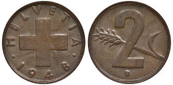 Швейцария 2 раппена 1948 в KM 47 бронза 4128-713