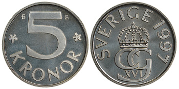 Швеция 5 крон 1997 B Карл XVI Густав (1973- ) KM 853a медно-никель PROOFLIKE 54-2633