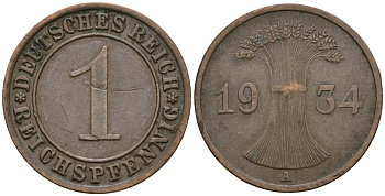 Германия 1 рейхспфенниг 1934 A KM 37, J. 313 бронза 4189-1235