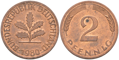 ФРГ 2 пфеннига 1980 F KM 106а, J. 381а сталь плакированная медью 55-1231