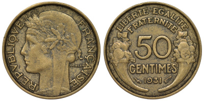 Франция 50 сантимов 1931 тип Morlon тип sans fruit ni raisin KM 894.1, Le Franc 192.3 алюминиевая бронза 4124-344