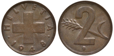Швейцария 2 раппена 1948 в KM 47 бронза 4128-713