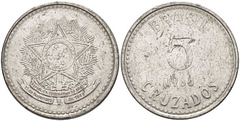 Бразилия 5 крузадо 1988 реформа 1986-1989 KM 606 нержавеющая сталь 119-1223