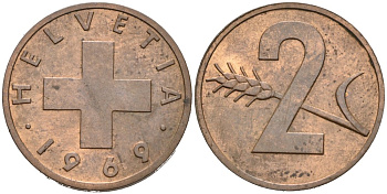 Швейцария 2 раппена 1969 KM 47 бронза 4567-139