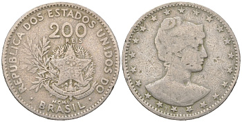 Бразилия 200 реалов 1901 MCMI, голова свободы вправо KM 504 медно-никель 4612-416