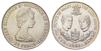 Гернси 25 пенсов 1981 Свадьба Принца Чарльза и Леди Дианы KM 36 медно-никель UNC 11-069-41