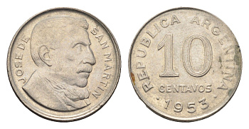 Аргентина 10 сентаво 1953 генерал Хосе де Сан Мартин KM 47a сталь плакированная никелем 4664-551