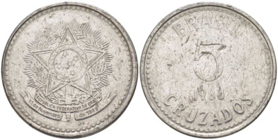 Бразилия 5 крузадо 1988 реформа 1986-1989 KM 606 нержавеющая сталь 119-1223