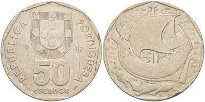 ПОРТУГАЛИЯ 50 ЭСКУДО 1987 ПАРУСНИК KM 636 медно-никель 4545-836