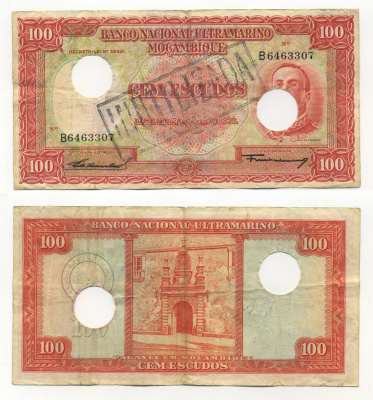 ПОРТУГАЛЬСКИЙ МОЗАМБИК 100 ЭСКУДО 1958 ПОГАШЕНА Pick 107 бумага 6283-31-3