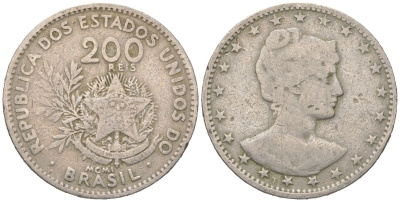 Бразилия 200 реалов 1901 MCMI, голова свободы вправо KM 504 медно-никель 4612-416