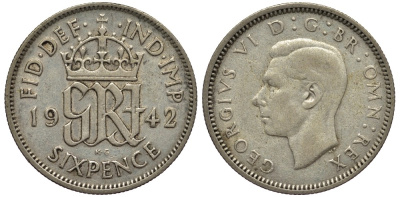 Великобритания 6 пенсов 1942 Георг VI (1936-1952) KM 852, Spink 4084 серебро 4538-446