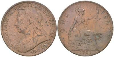 Великобритания 1 пенни 1901 Виктория (1837-1901) KM 790, Spink 3961 бронза 3460-1025