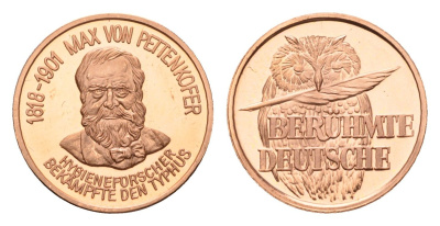 ФРГ медаль из серии знаменитые немцы - Макс Йозеф Петтенкофер (1818-1901) - основатель первого в Европе Института гигиены 1980-ые диаметр 18 мм, вес 2,3 гр алюминий плакированный медью UNC 4625-715